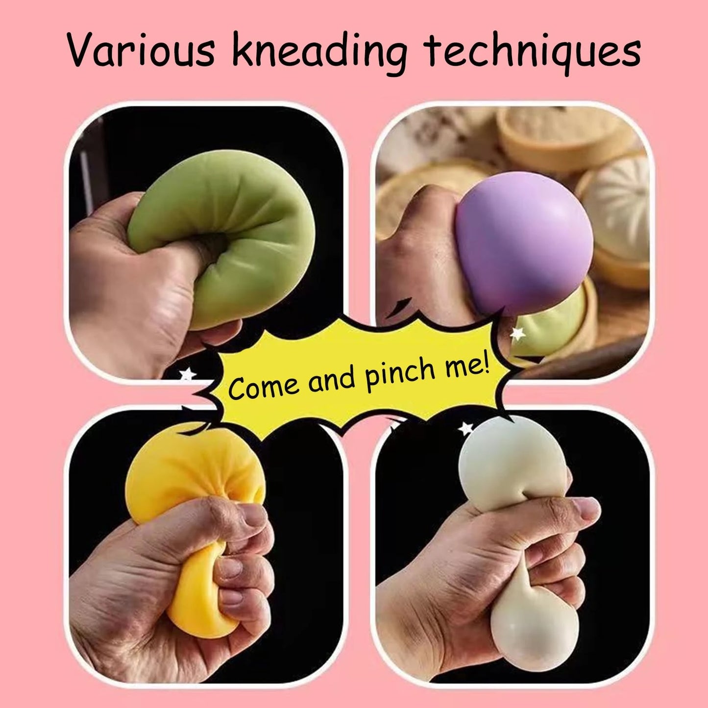 Colorful Dumpling Squishes Stress Balls Fidget Sensory Toys Simulation Food Squishies Bun with Steamer Squeeze Dough Ball Gifts Peaceful Pleasures Health and Wellness