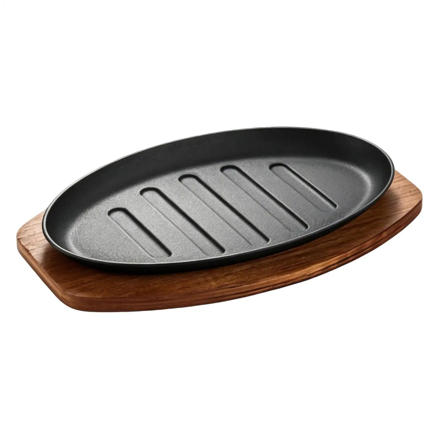 Cast Iron Oval Sizzle Plate with Wooden Base – 10" Steak Pan