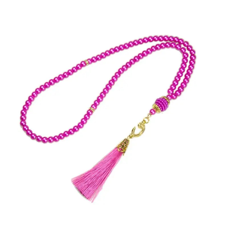 Islamic Prayer Beads 99Pcs 6MM Glass Pearls Rosary Necklace with Tassel for Muslim Spiritual Practice and Gifts Peaceful Pleasures Health and Wellness Rose