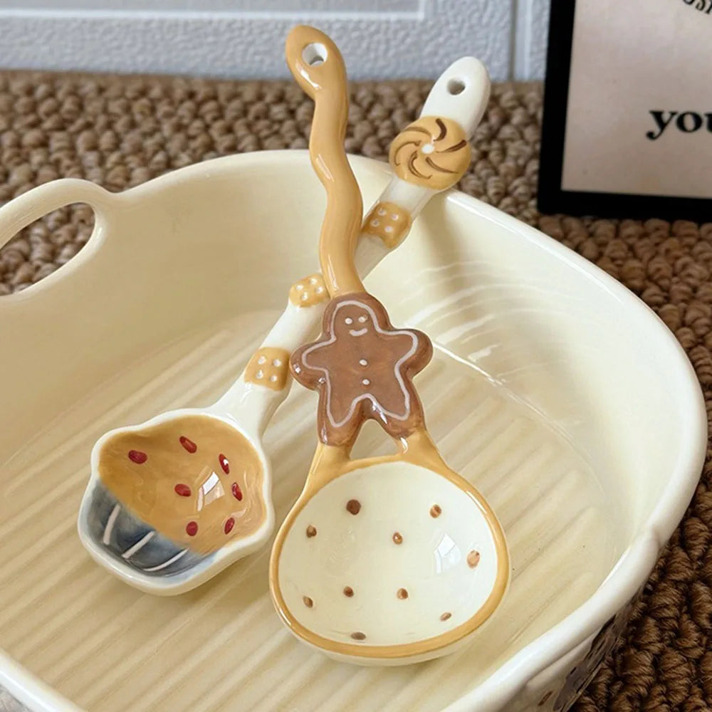 High Aesthetic Ceramic Long Handled Spoon Cute Baking Bread and Biscuit Design Household Rice Spoon Soup Spoon Underglaze Color Peaceful Pleasures Health and Wellness