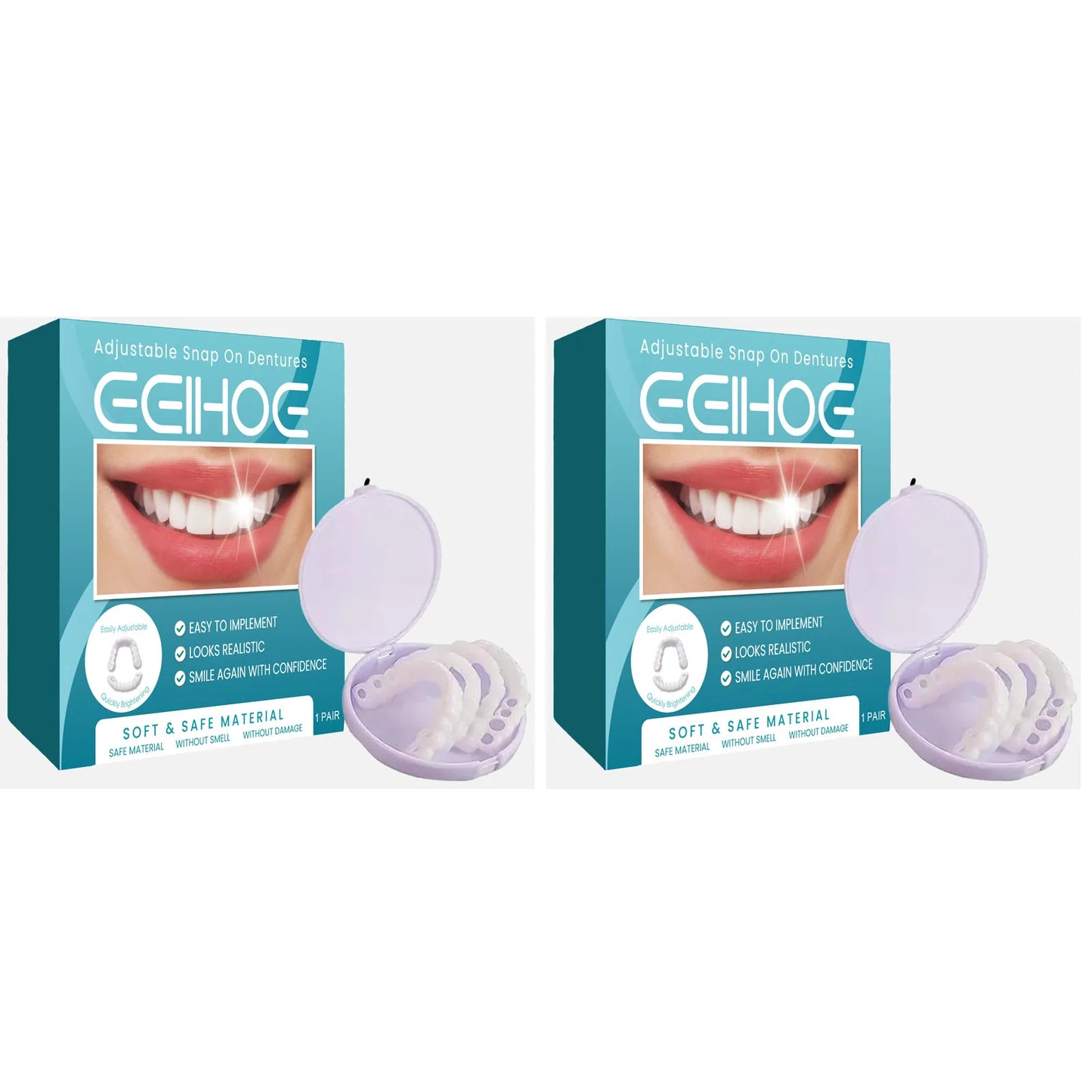 Adjustable Snap on Dentures Help Cover up Dirty Plaque Soft Comfortable Material Natural Tooth Color Adjustable Buckle Dentures Peaceful Pleasures Health and Wellness 2set Boxed
