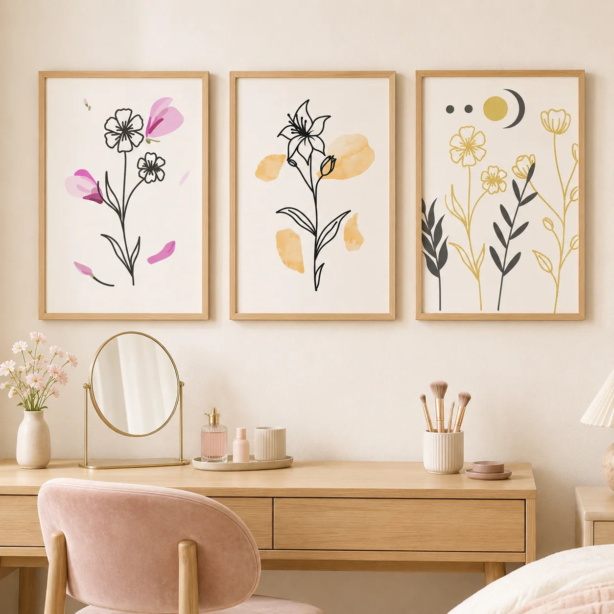 Botanical Floral Wall Art, Minimalist Flower Art Canvas Painting, Nordic Poster Prints for Living Room Bedroom Decor Peaceful Pleasures Health and Wellness