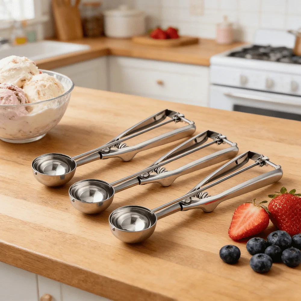 Stainless Steel Ice Cream Scoop with Trigger Release Food-Grade Rust-Proof Dishwasher Safe Multi Cookie Scoop for Kitchen Family Peaceful Pleasures Health and Wellness