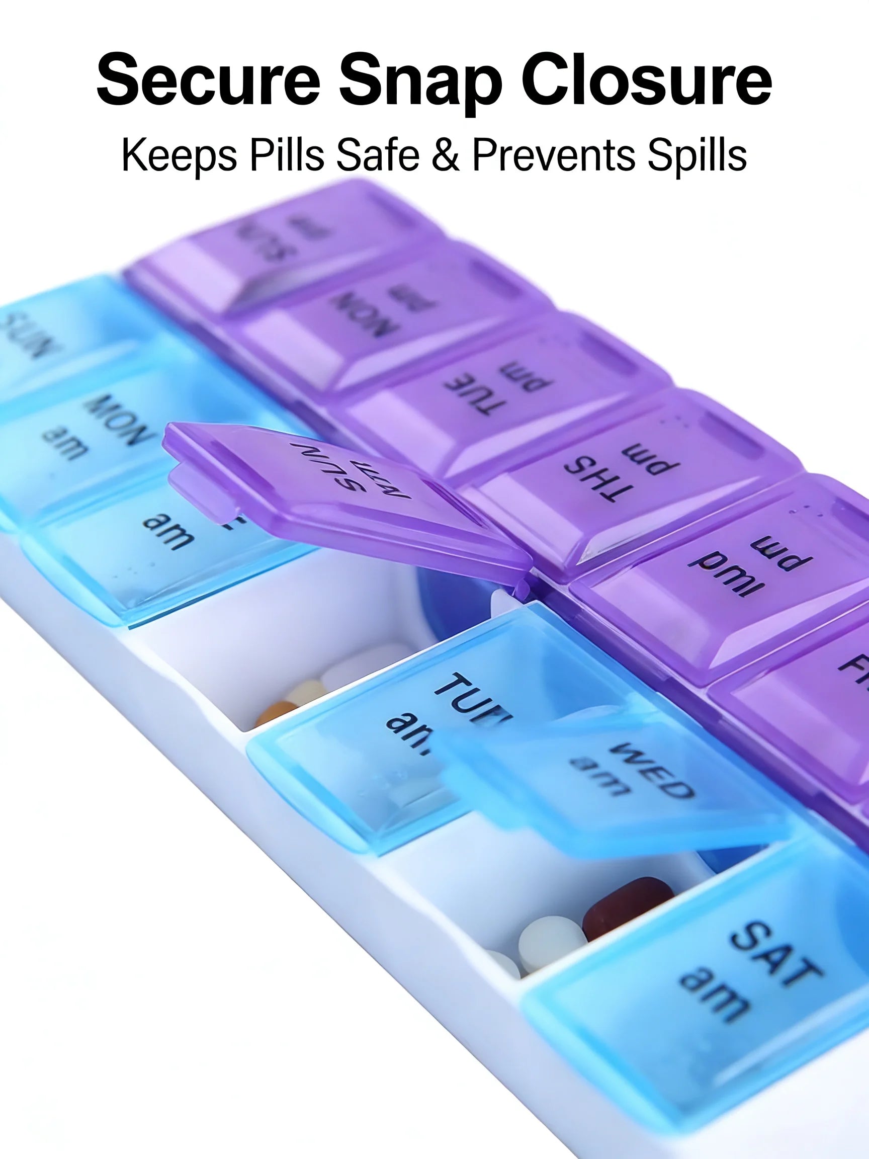Purple and blue pill organizer with labeled compartments on a white background