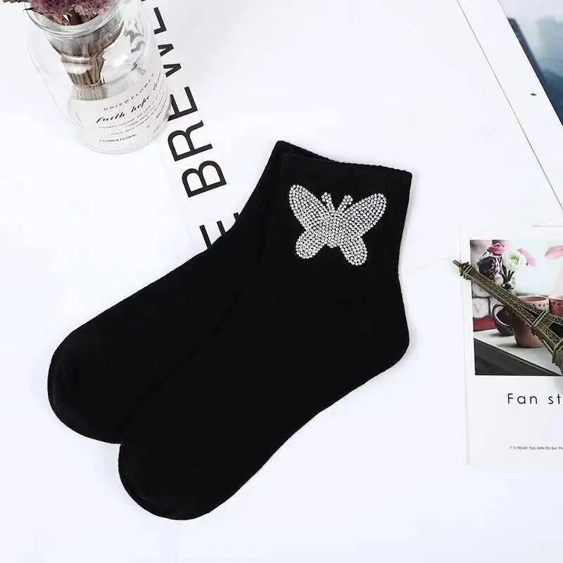New Rhinestone Decorative Socks, Fashionable Diamond Sparkling Socks, Cute Cartoon Animal Pattern Comfortable Low Cut Socks Peaceful Pleasures Health and Wellness Brown 36-42