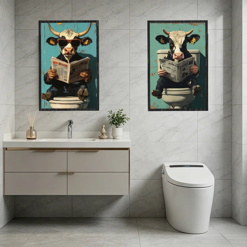 Retro Funny Cow Canvas Poster | Vintage Bathroom Wall Art Canvas Wall Art Peaceful Pleasures Health and Wellness
