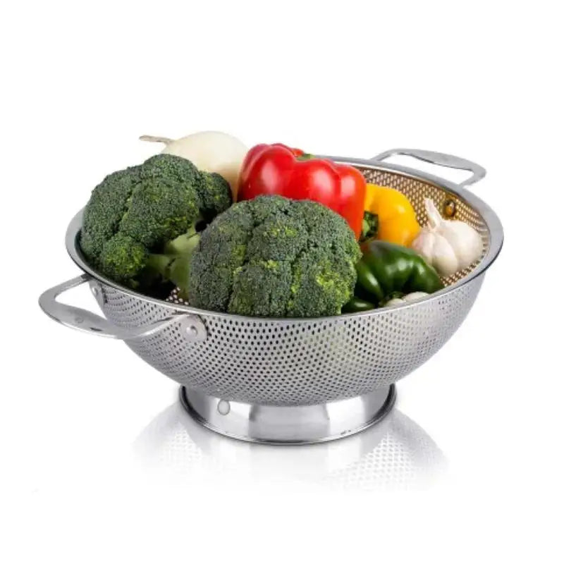 New Stainless Steel Colander With Double Handle Food Pasta Strainer Basket With Self-draining Solid Ring Base Fine Mesh Filter Peaceful Pleasures Health and Wellness
