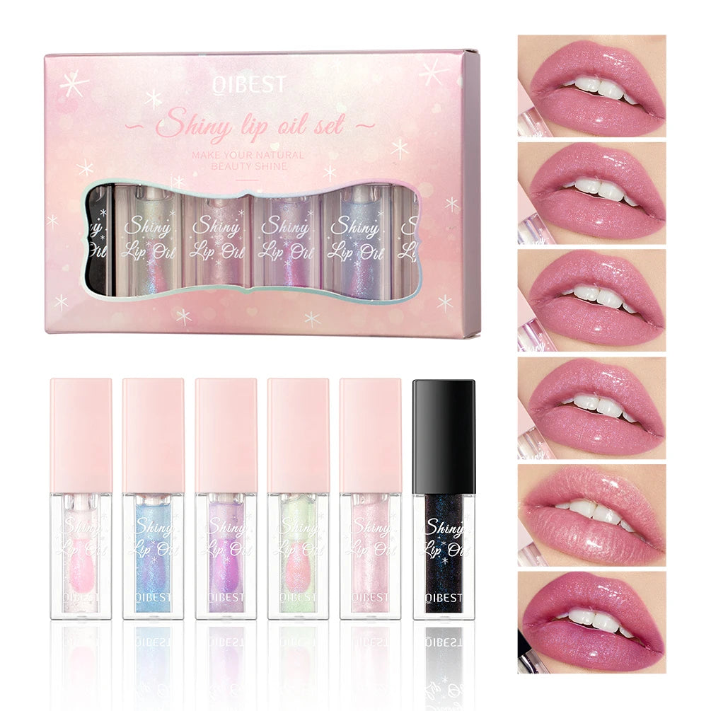 6PCS/Set Moisturizing Lip Gloss Lip Plumper Makeup Pearlescent Glitter Lip Oil Color Change Lip Glaze Hydrating Cosmetics Sets Peaceful Pleasures Health and Wellness Lip oil set