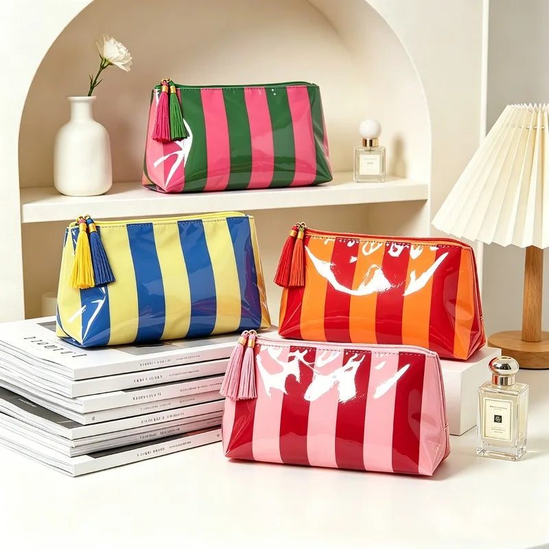 2026 New PVC Striped Cosmetic Bag Makeup Bag with Fringe and Zipper Waterproof Travel Toiletry Bag Makeup Brush Case Peaceful Pleasures Health and Wellness