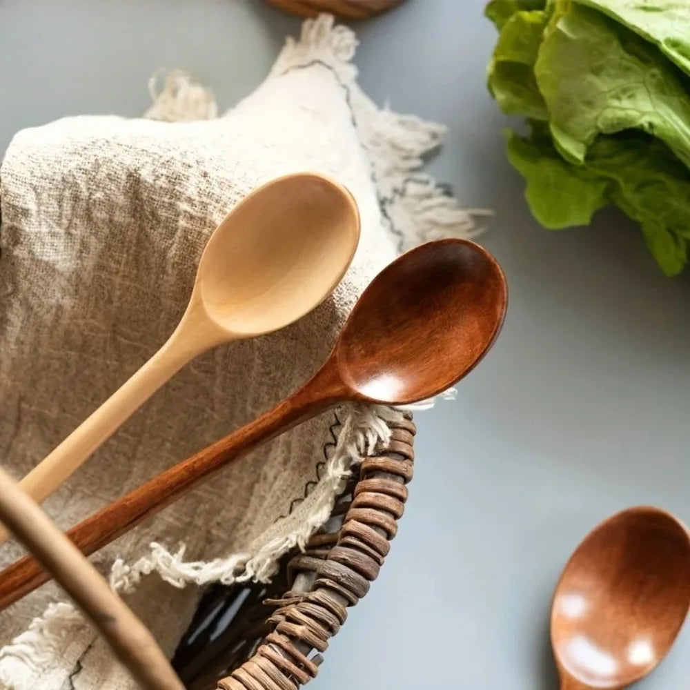 1/2/5pcs Wooden Long handle Spoon Kitchen Natural exquisite Wooden soup spoon Tableware Cooking Honey Coffee Spoon Mixing Spoon Peaceful Pleasures Health and Wellness