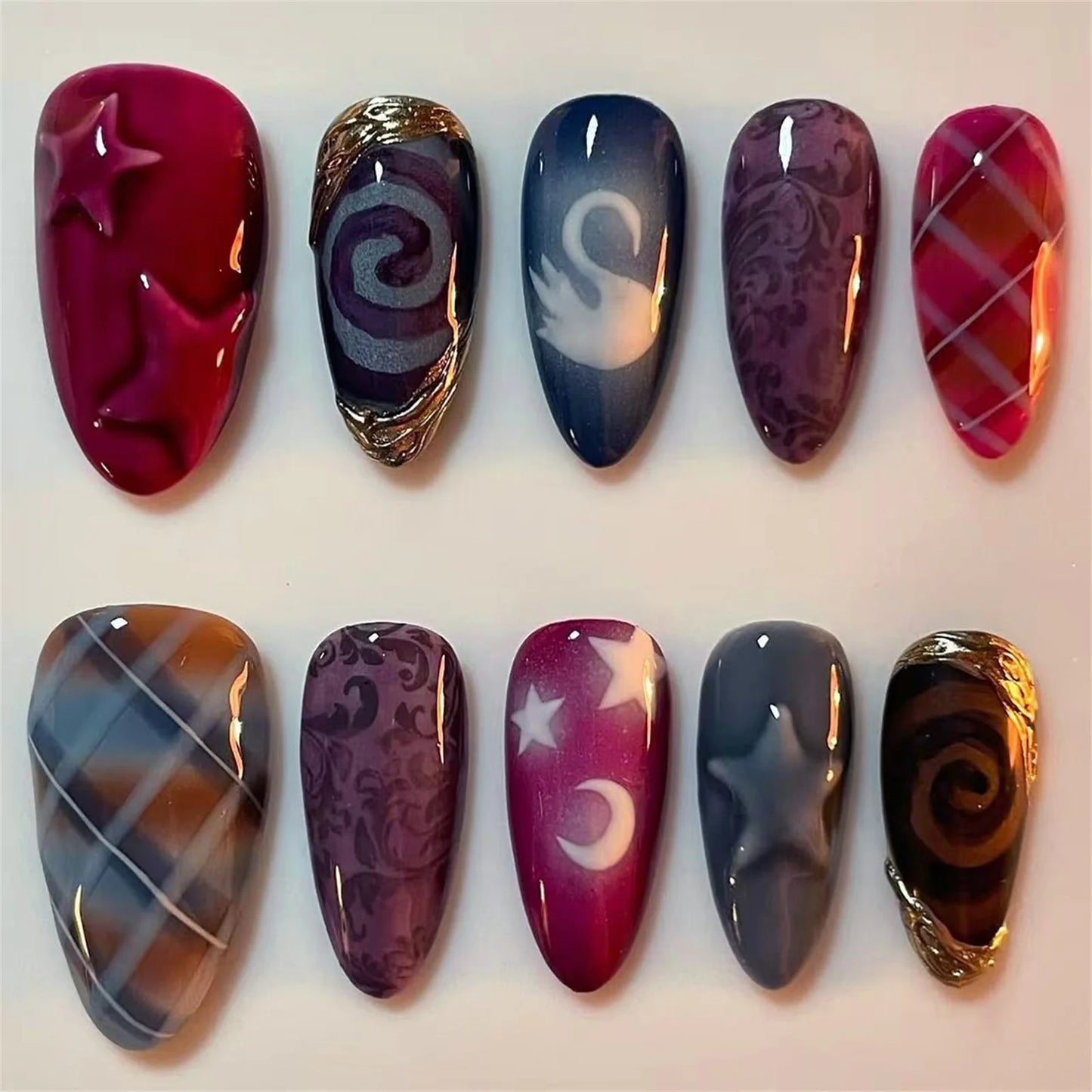 Y2K Almond Press-On Nails | 3D Gold Star Moon | 24pcs