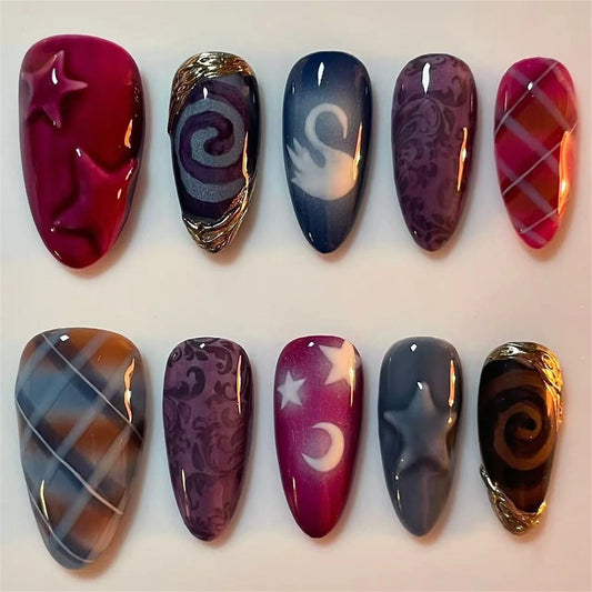 Y2K Almond Press-On Nails | 3D Gold Star Moon | 24pcs Press-On Nail Set Peaceful Pleasures Health and Wellness