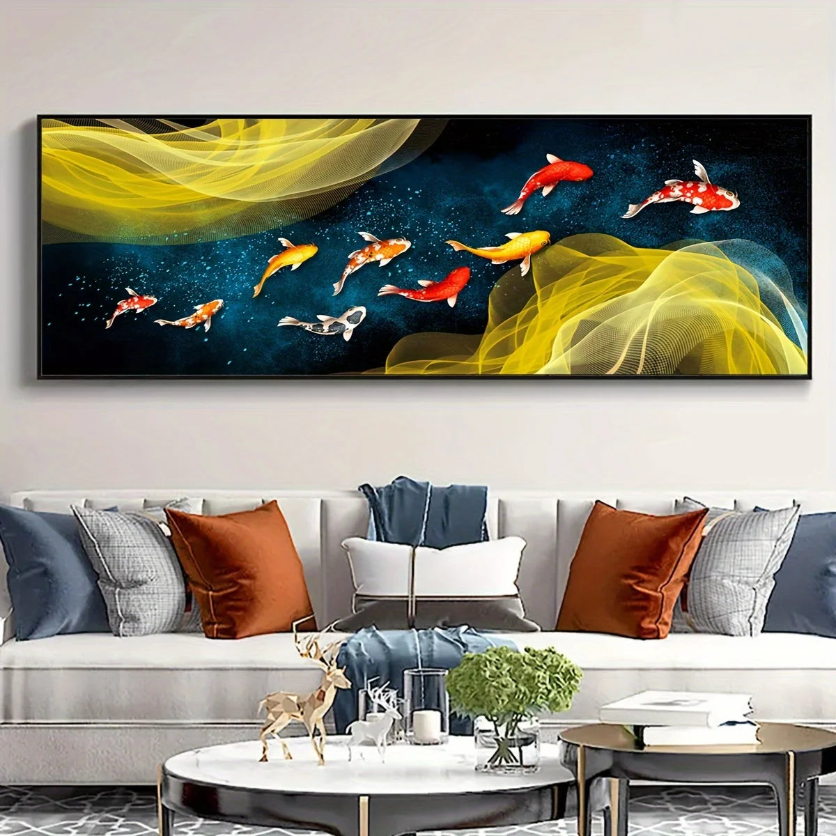 Large Wall Decorative Painting on Canvas Chinese Style Koi Poster Nine Fish Illustration Feng Shui Carp Lotus Pond Home Decor Peaceful Pleasures Health and Wellness ZLH3492 80x240cm Unframed
