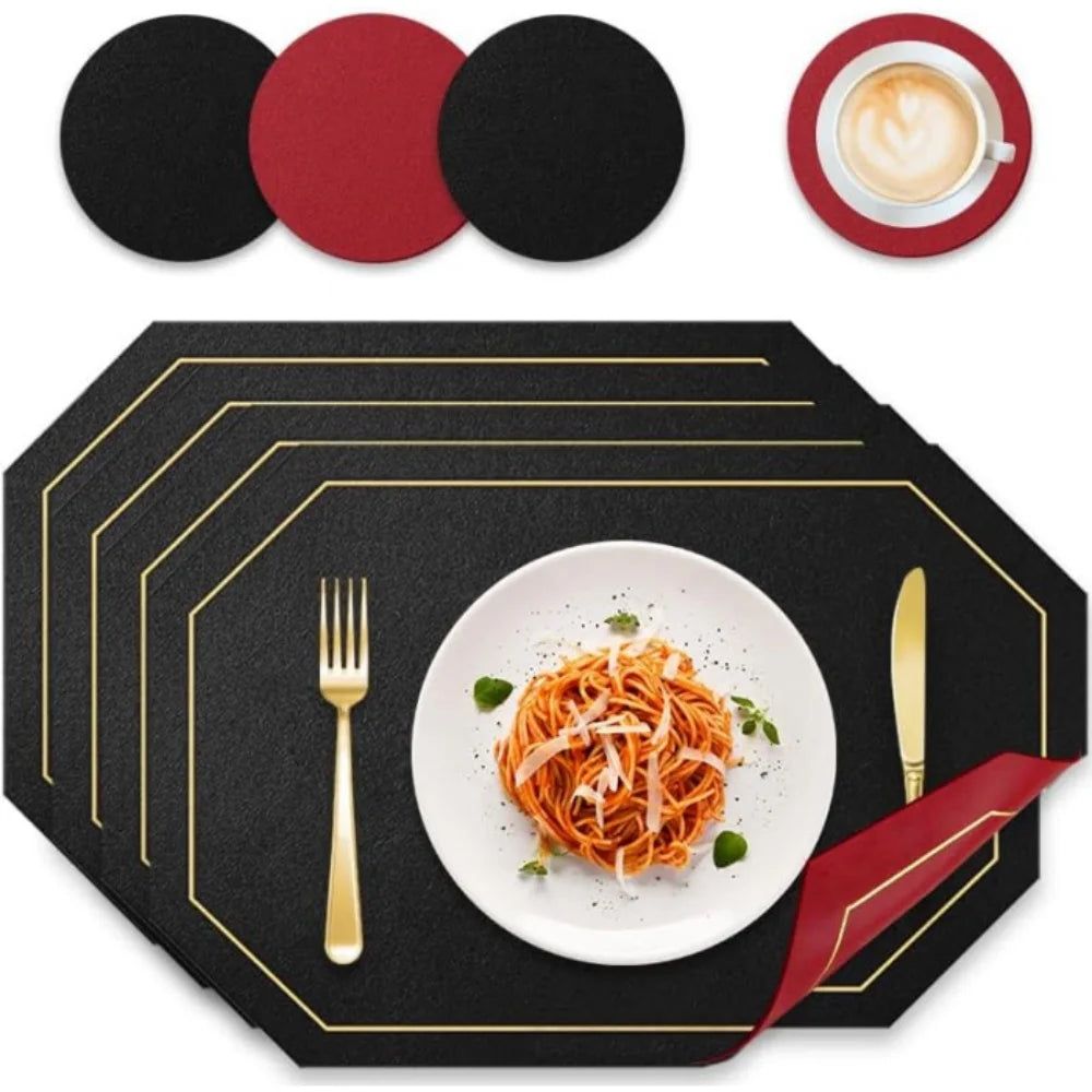 Placemats and Coaster Set 4/8 Pcs , Dual Sided Two-Color Place Mats 30x43cm/11.81x16.93inch Leather Heat Resistant Non-Slip Peaceful Pleasures Health and Wellness 8pcs 30x43 cm
