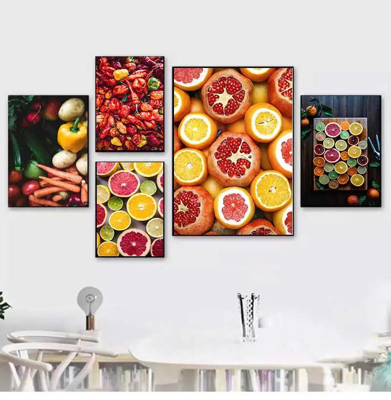 Nordic Wall Art Canvas Painting Colorful Fresh Vegetable Fruits Posters for Kitchen Decor Orange Lemon Picture for Restaurant Peaceful Pleasures Health and Wellness