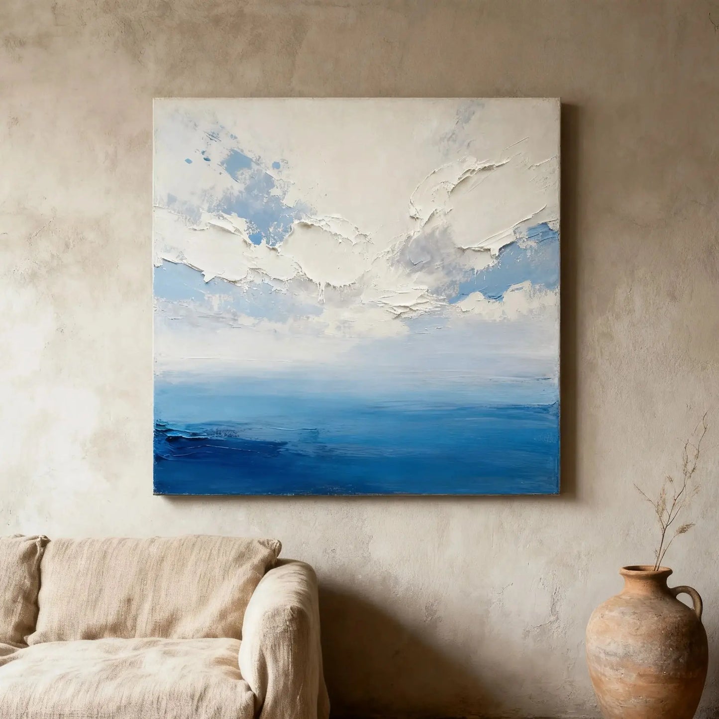 Hand Painted Blue Sky Abstract Landscape Texture Thick Painted Knife Painting Modern Wall Art Peaceful Pleasures Health and Wellness