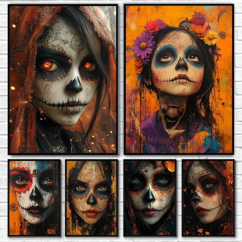 Day of the Dead Skull Girl Canvas Wall Art | Los Muertos Print