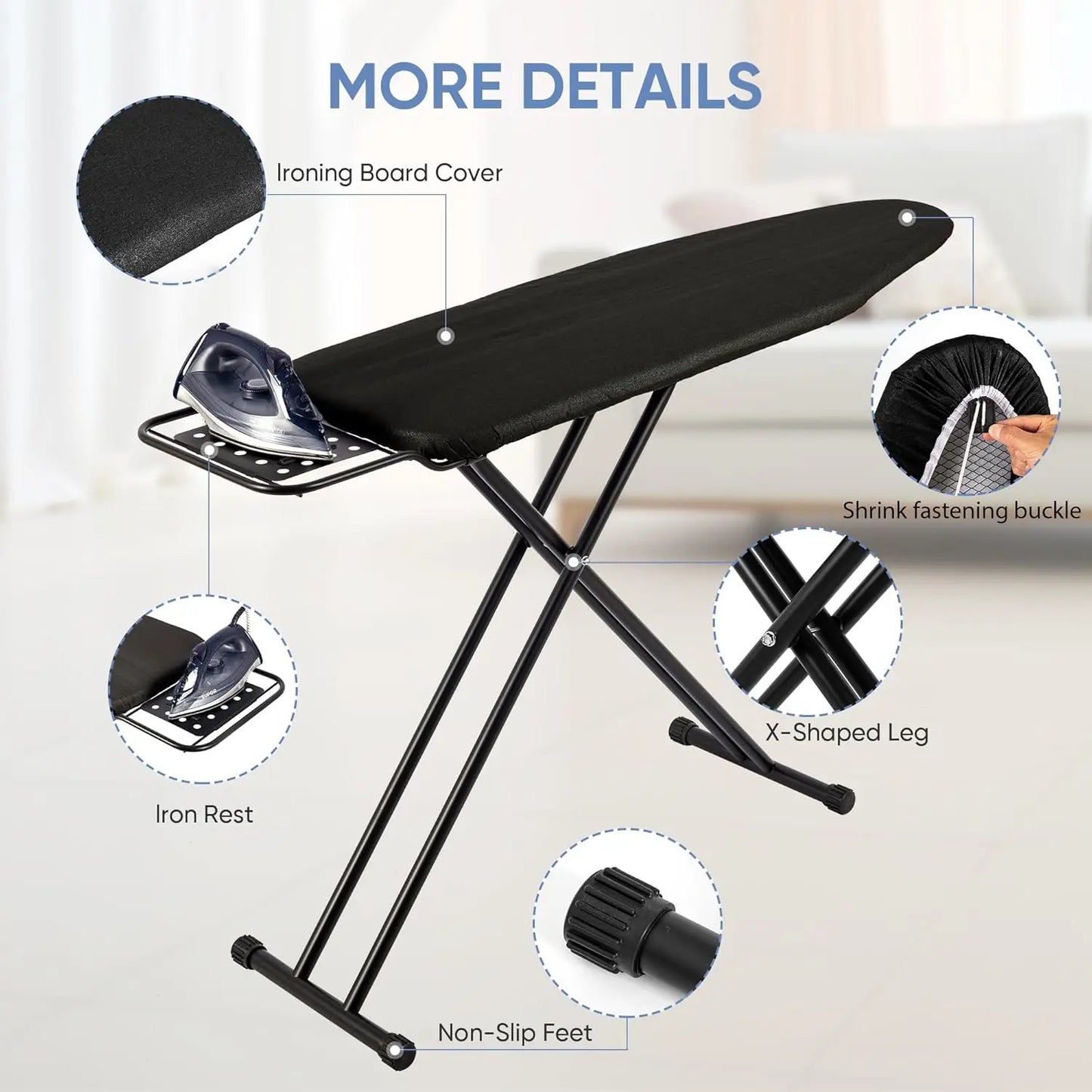 Black ironing board with features highlighted on a white background
