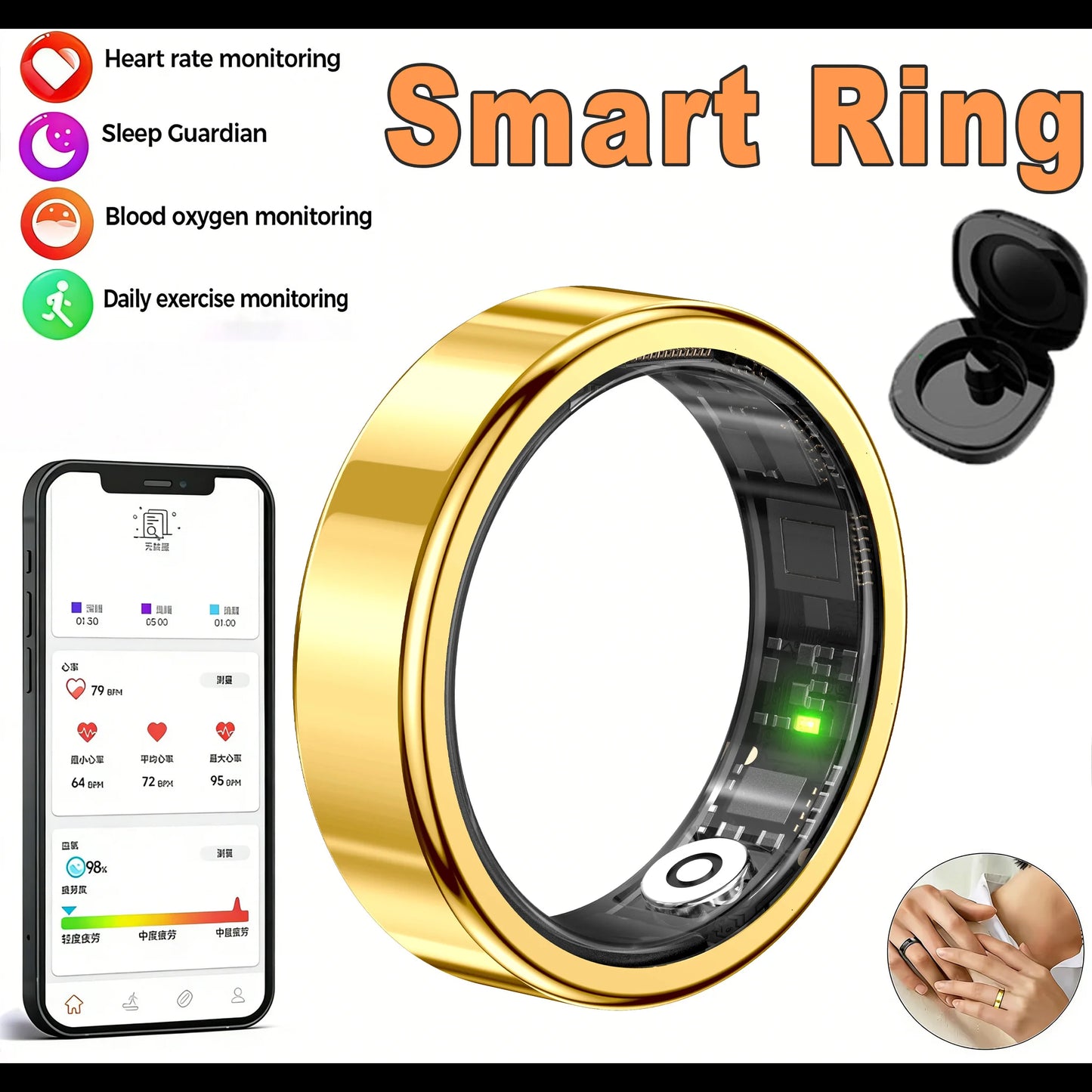 2026 New Men Women Smart Ring IP68 WaterProof Multi-Sport Mode Heart Rate Blood Oxygen Monitoring Control Photography Smartring Peaceful Pleasures Health and Wellness ProGold 11