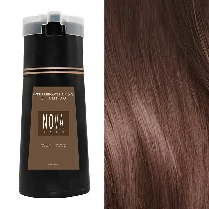 Nova 3-in-1 Hair Dye Shampoo | Natural Gray to Black Coverage, Nourishing & Lasting, Men & Women, 100ml/200ml Peaceful Pleasures Health and Wellness Medium brown (200ml)