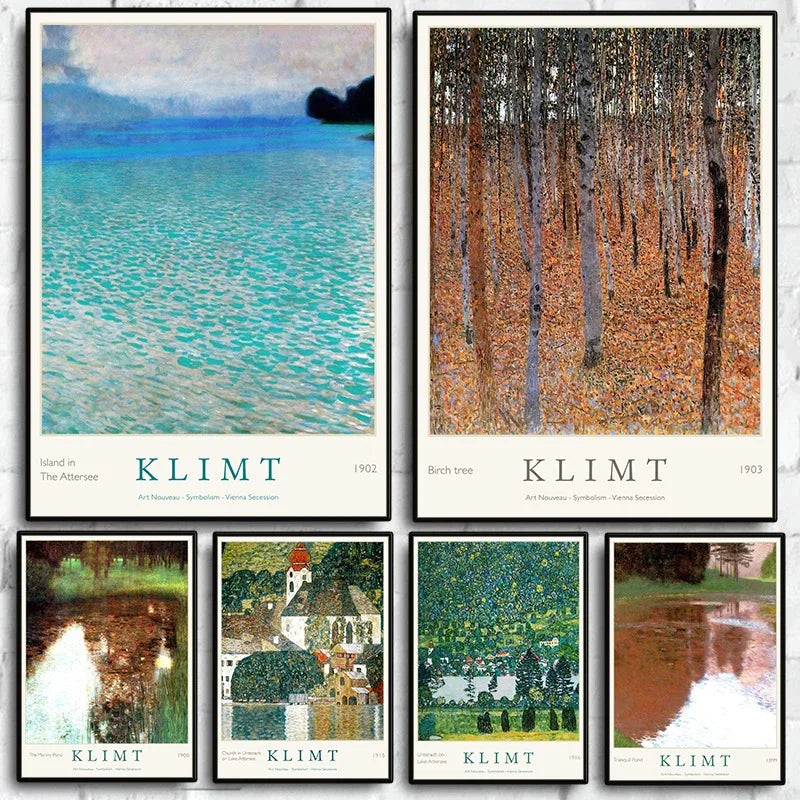 Gustav Klimt Art Print Exhibition Poster Farmhouse Birch Tree Pond Landscape Canvas Painting Wall Art for Living Room Home De Peaceful Pleasures Health and Wellness