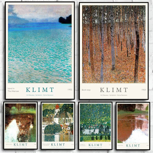 Gustav Klimt Art Print Exhibition Poster Farmhouse Birch Tree Pond Landscape Canvas Painting Wall Art for Living Room Home De Peaceful Pleasures Health and Wellness