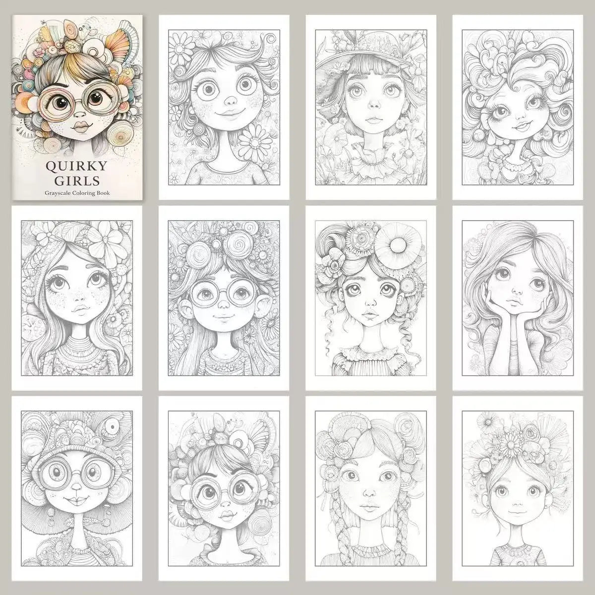 Quirky Girls Grayscale Coloring Book 24 Pages Cute Whimsical Girl