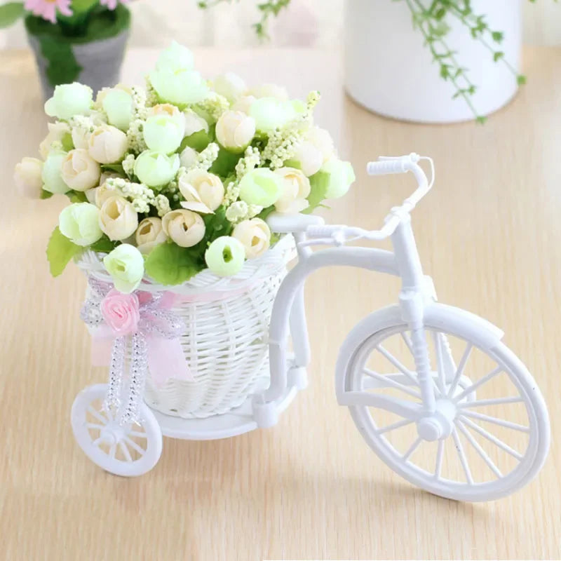 Silk Rose Artificial Flowers Bicycle Vase Desktop Bonsai Decor