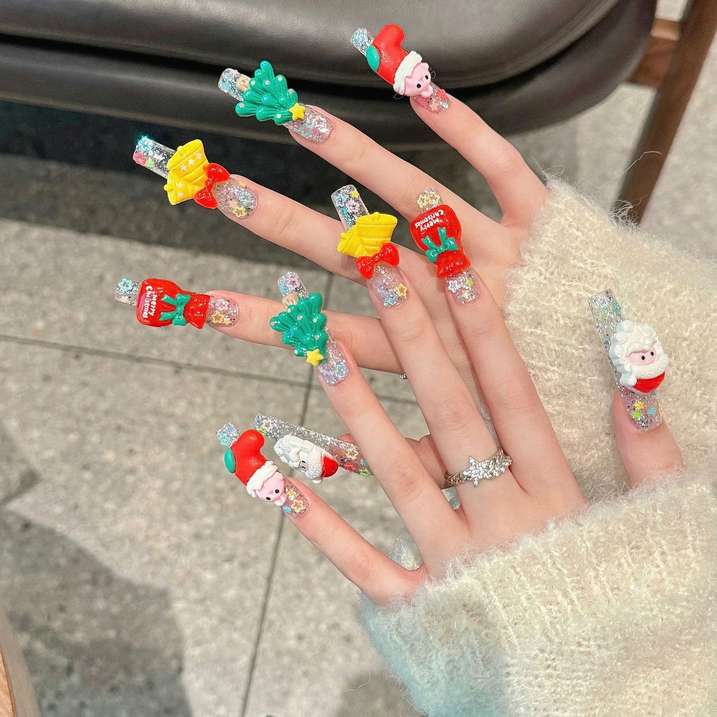 Christmas Press-On Nails | 3D Glitter Santa & Snowflake Set