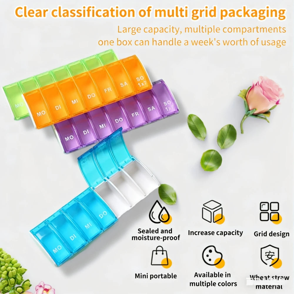 7Day Pill Organizers with Labeled Compartments Monday to Sunday Color-Coded for Travel And Daily Use Featuring a Vibrant Familie Peaceful Pleasures Health and Wellness