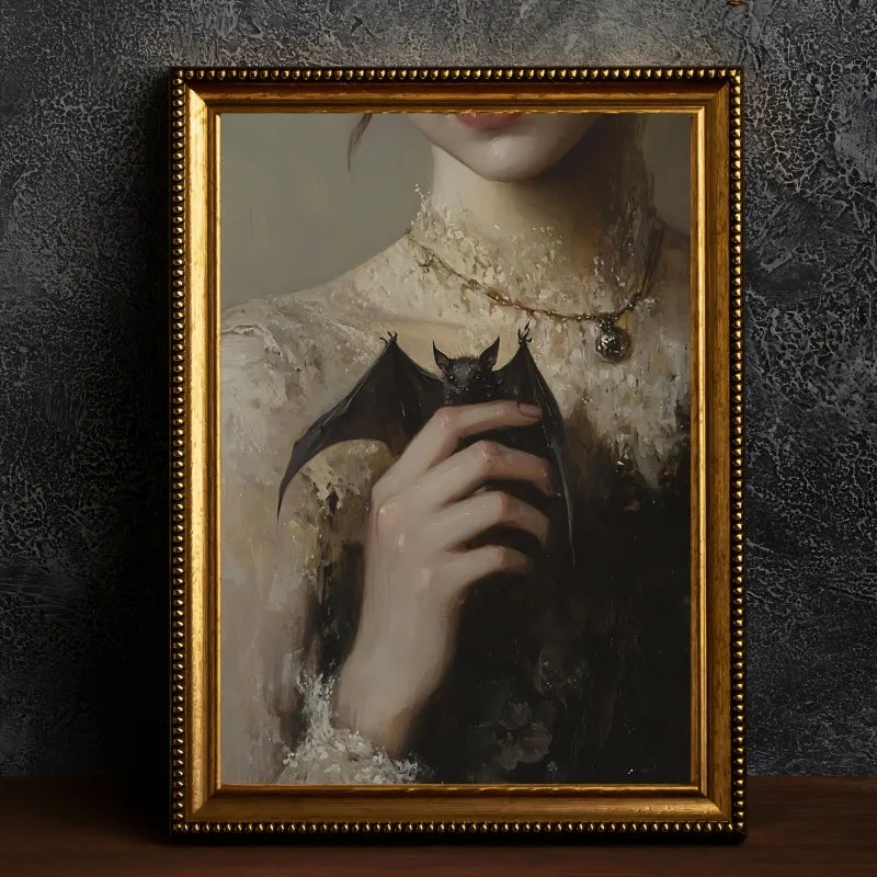 Unframed Vintage Dark Gothic Bat Poster, Girl Holding A Bat Canvas Painting, Canvas Wall arts, Artwork Wall Painting Home Decor Peaceful Pleasures Health and Wellness