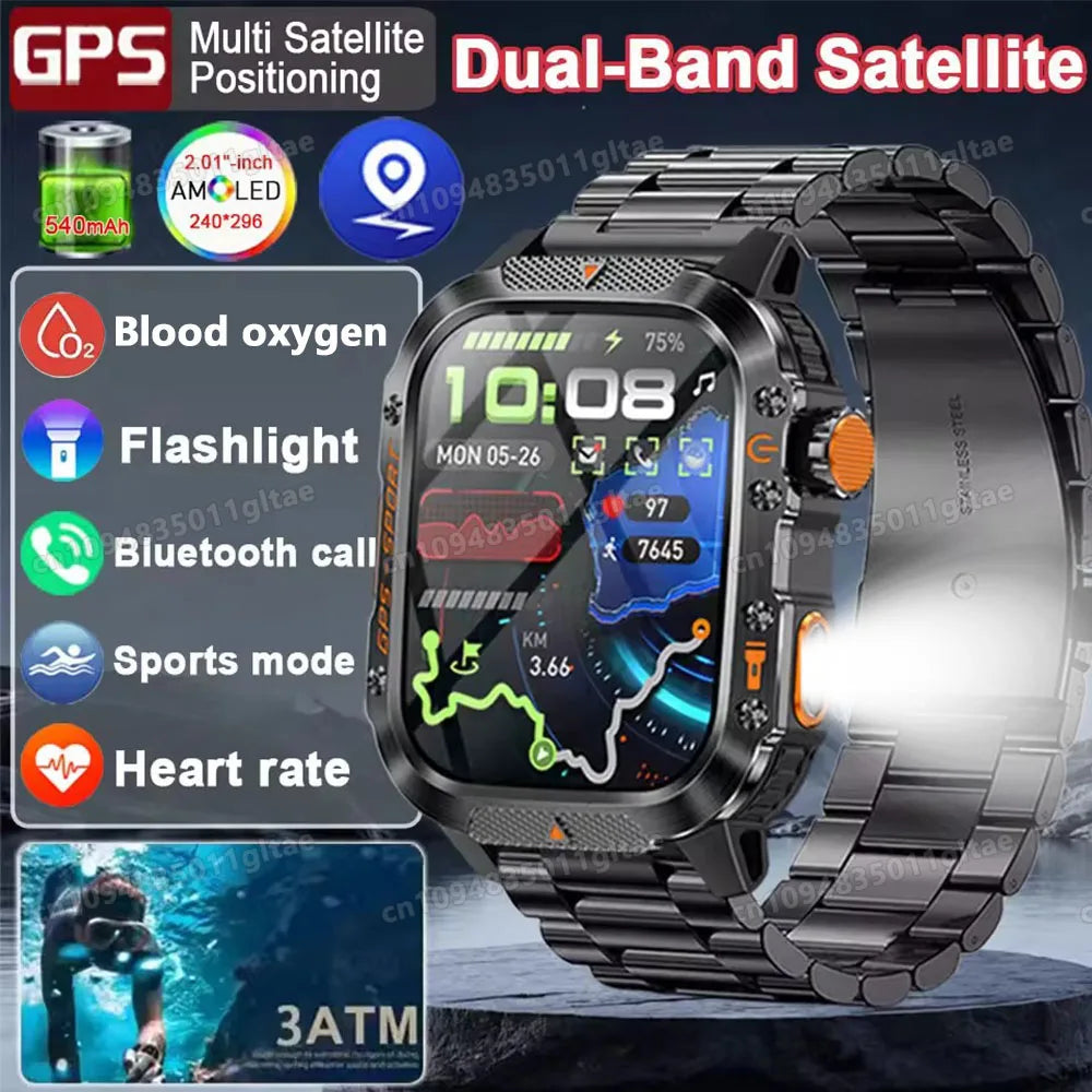 2026 New Military Outdoor Smart Watch Men's GPS Flashlight Bluetooth Call 2.01" AMOLED Screen 10ATM Waterproof Sports Smartwatch Peaceful Pleasures Health and Wellness