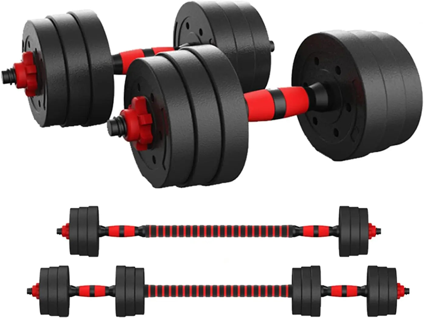 Black and red adjustable dumbbells set on a white background