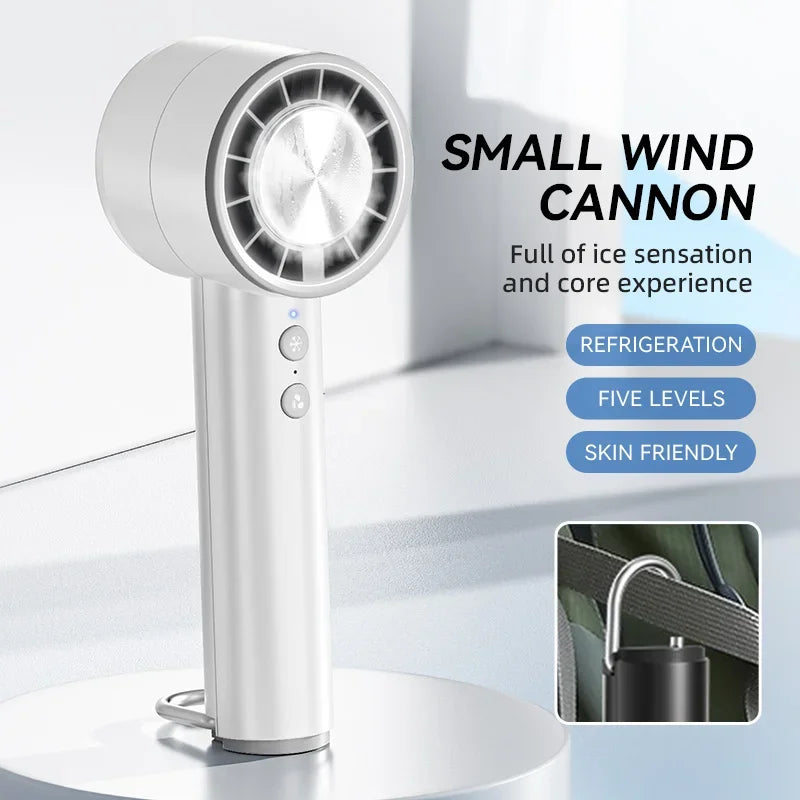 Handheld Mini Ice Fan Refrigeration Air Conditioner Rechargeable With LED Display 5 Speed Super Cool Turbo Fan For Travel Peaceful Pleasures Health and Wellness White Upgrade
