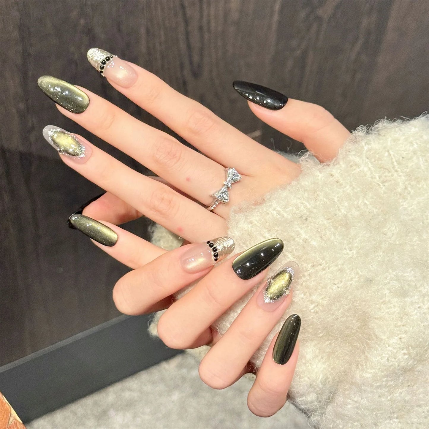 10Pcs Handmade Dark Green Cat's Eye Press on Nails Almond Advanced Fake Nails with Designs for Women Wearable Ballet Nail Art Peaceful Pleasures Health and Wellness XS