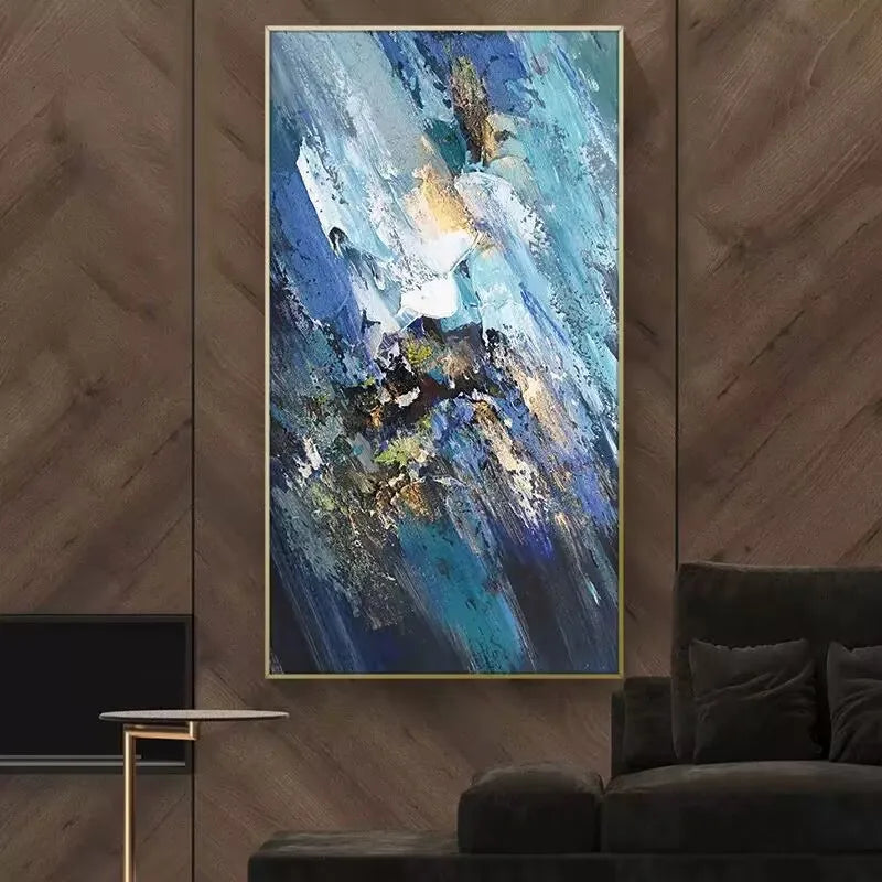 Hand Drawn Oil Painting for Bedroom Decoration, Light Luxury Living Room and Corridor Painting, Blue and Gray, High Quality Peaceful Pleasures Health and Wellness