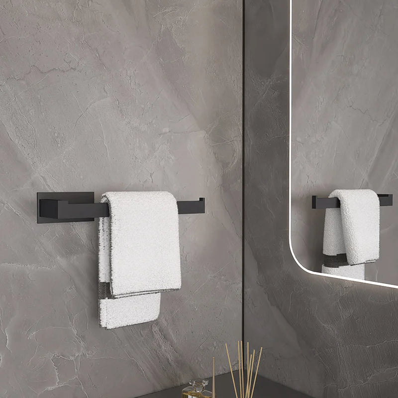 Black No-Drill Bathroom Hardware Set – Towel Bar & Robe Hook