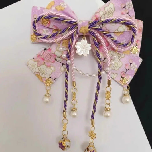 Japanese Style Girl with Hot Stamping Cherry Blossom Bow Hair Accessory Lolita Tassel Edge Clip Peaceful Pleasures Health and Wellness