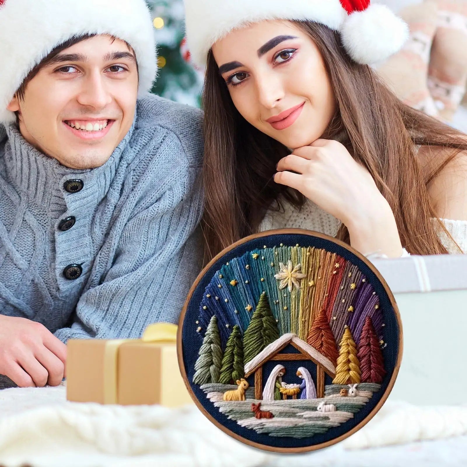 Christmas Embroidery Kit Christmas Nativity Scene Needlework Stamped Embroidery Beginners Kit For Women Girls Festival Halloween Peaceful Pleasures Health and Wellness