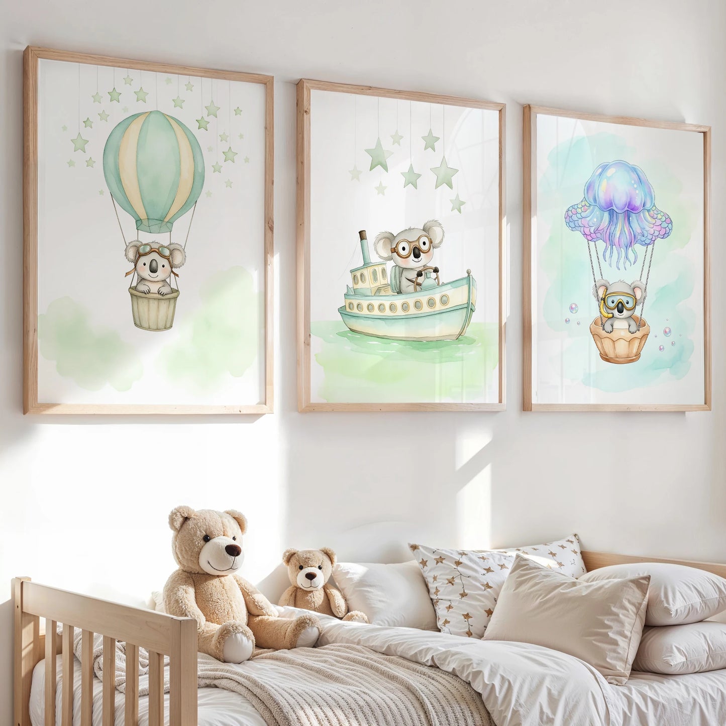 Watercolor Sloth Hot Air Balloon Canvas Wall Art | Kids Room
