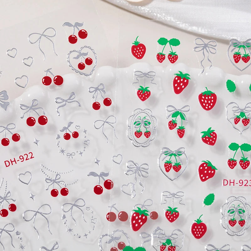 Fresh Sweet Fruits Strawberry Cherry Bowknot Love Heart Bow 5D Nail Art Stickers Self Adhesive Decorations Nail Manicure Decal Peaceful Pleasures Health and Wellness