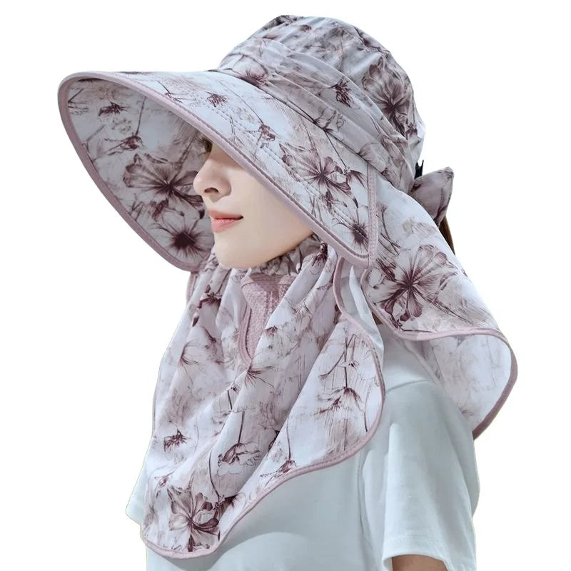 Sun Protections Hat with Face-Mask UV Resistant Wide Brim for Outdoor Cycling Farming Peaceful Pleasures Health and Wellness Light pink
