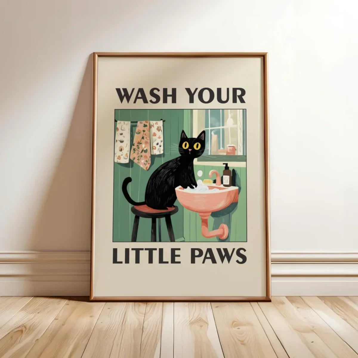 Funny Cat "Wash Your Paws" Canvas Wall Art | Bathroom Decor