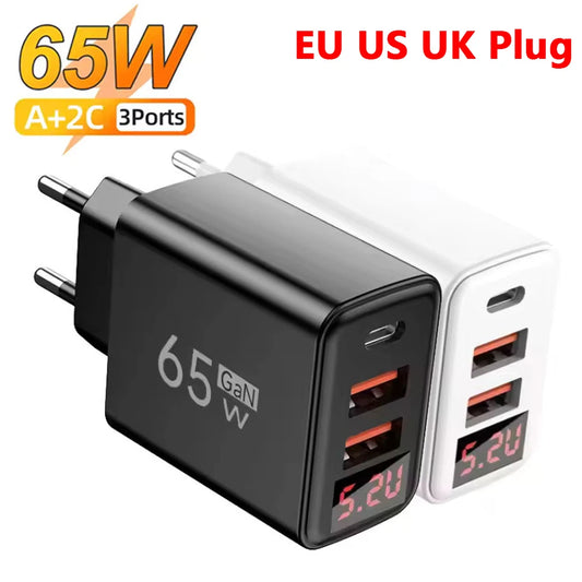 65W GaN USB-C Fast Charger 3-Port PD Quick Charge Display GaN USB-C Charger Peaceful Pleasures Health and Wellness