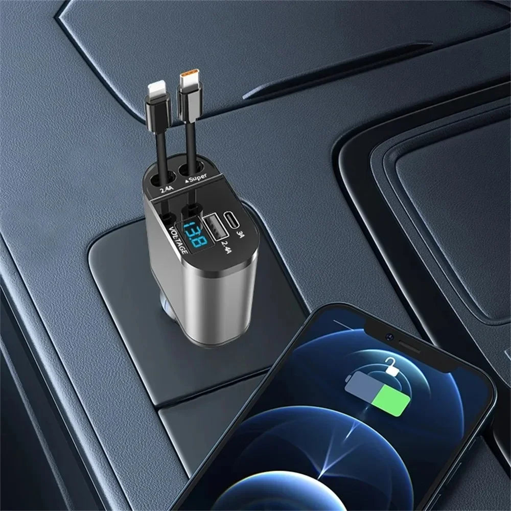4 in 1 120W Car Charger Retractable Car Cigarette Lighter Adapter USB Type C Fast Charger Cable For IPhone Xiaomi Huawei Samsung Peaceful Pleasures Health and Wellness
