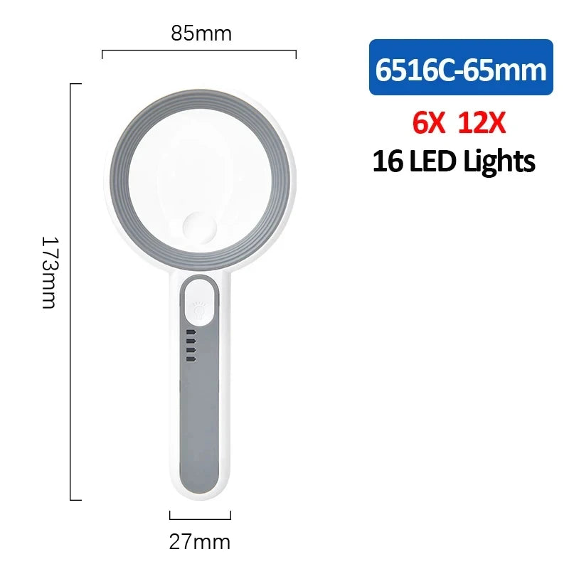 Rechargeable Handheld Magnifier 12X Magnifying Glass with LED Light 3 Modes for Seniors Reading Repair Jewelry Craft Inspection Peaceful Pleasures Health and Wellness 6516C-65mm