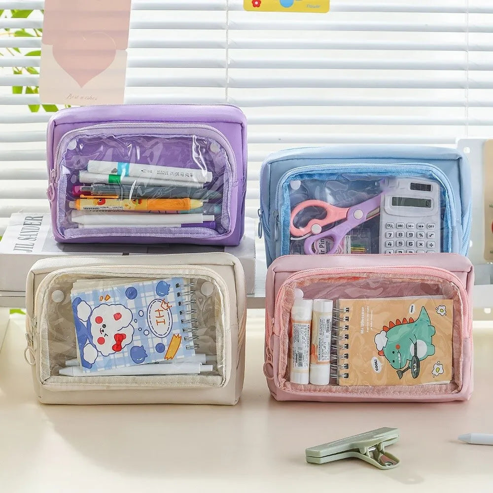 Kawaii Large Capacity Transparent Pencil Case DIY Zipper Transparent Pen Bag Multifunctional Solid Color Stationery Box Friend Peaceful Pleasures Health and Wellness