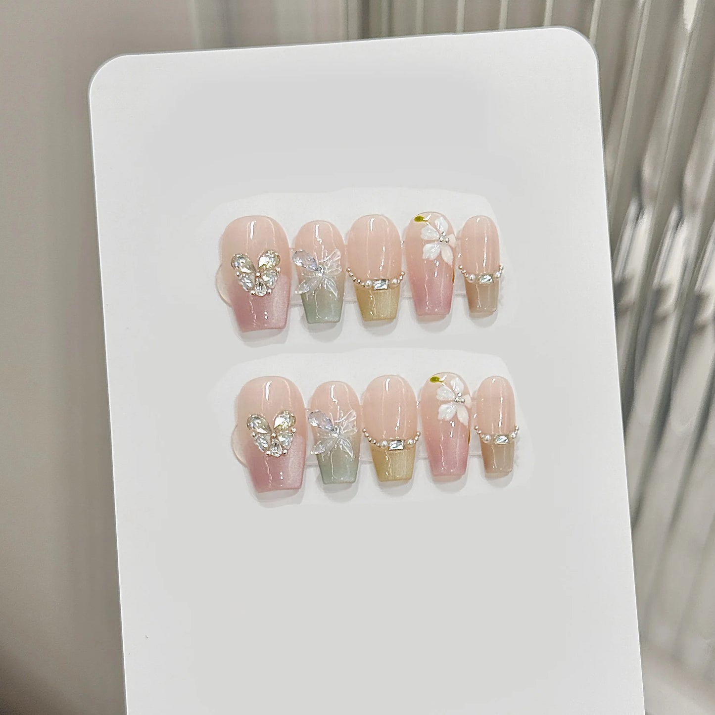 Press On Nails Pink Green Cat Eye Butterfly | Korean French Style