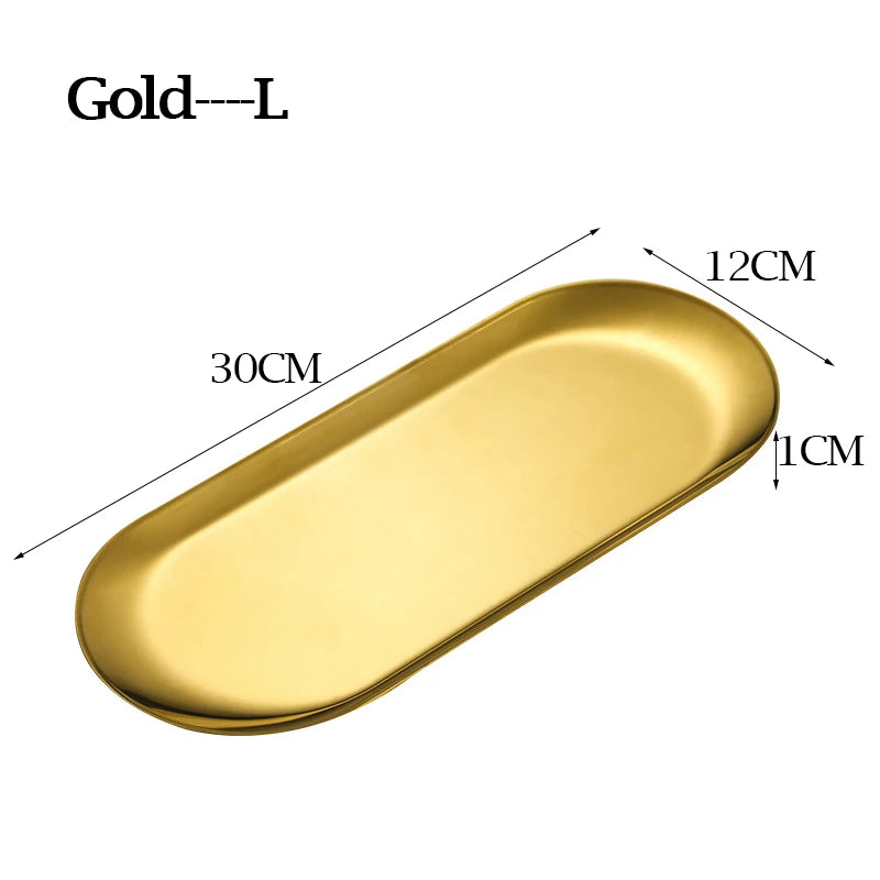 Nordic Style Dessert Dining Plate Nut Cake Fruit Plate Gold Silver Stainless Steel Towel Tray Snack Western Steak Kitchen Plate Peaceful Pleasures Health and Wellness Golden-L