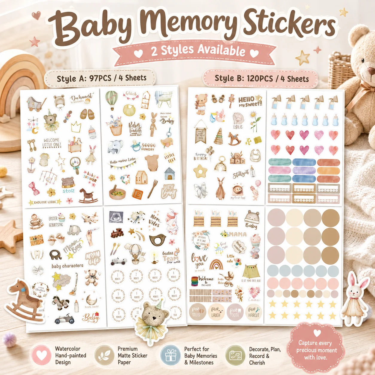 Baby Memory Stickers 8 Sheets Newborn Milestone Scrapbook Cute Matte